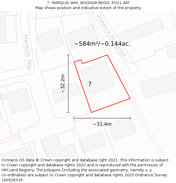 7, MARQUIS WAY, BOGNOR REGIS, PO21 4AT: Plot and title map