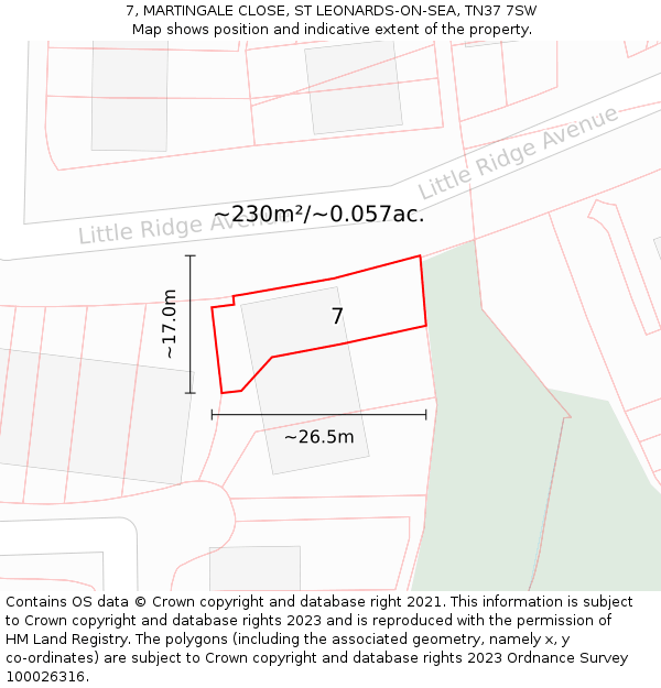 7, MARTINGALE CLOSE, ST LEONARDS-ON-SEA, TN37 7SW: Plot and title map