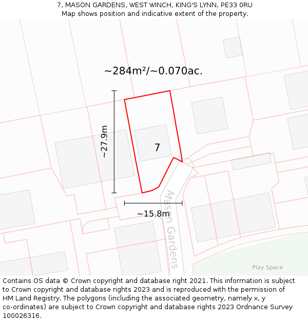 7, MASON GARDENS, WEST WINCH, KING'S LYNN, PE33 0RU: Plot and title map