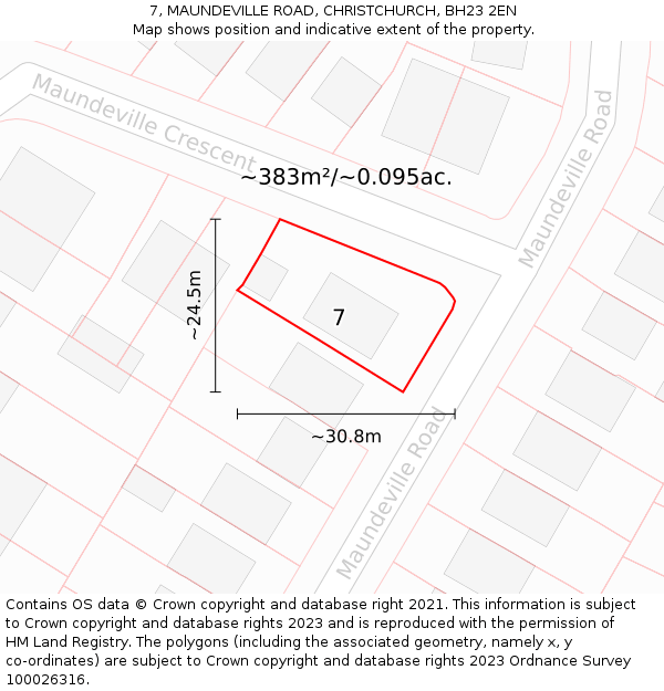 7, MAUNDEVILLE ROAD, CHRISTCHURCH, BH23 2EN: Plot and title map