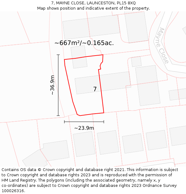 7, MAYNE CLOSE, LAUNCESTON, PL15 8XQ: Plot and title map