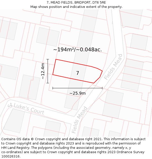 7, MEAD FIELDS, BRIDPORT, DT6 5RE: Plot and title map