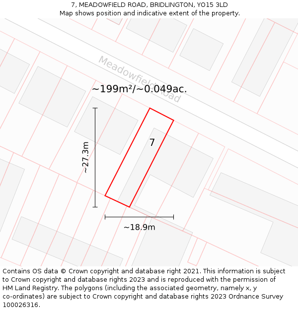 7, MEADOWFIELD ROAD, BRIDLINGTON, YO15 3LD: Plot and title map