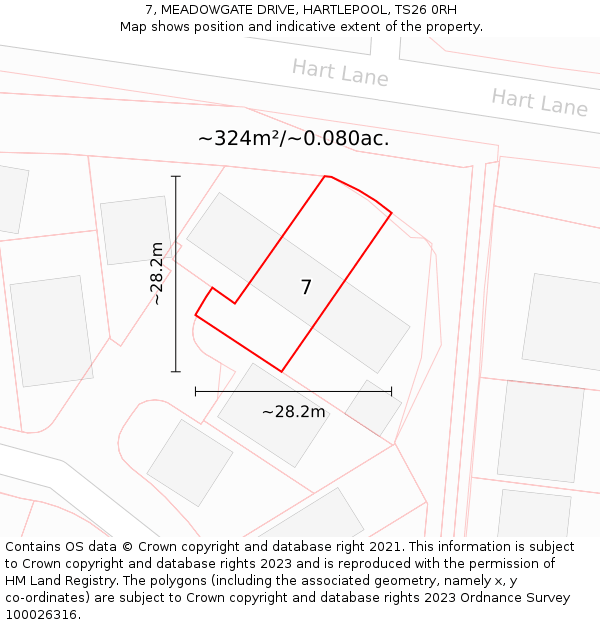 7, MEADOWGATE DRIVE, HARTLEPOOL, TS26 0RH: Plot and title map