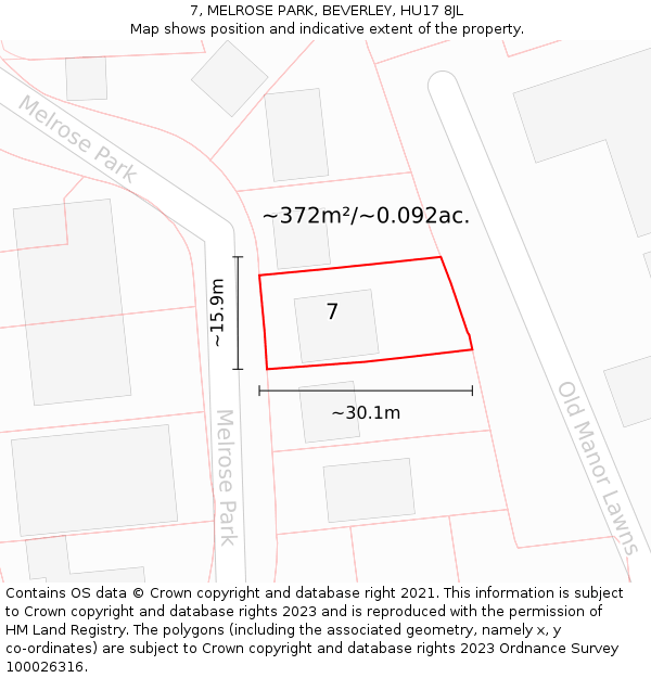 7, MELROSE PARK, BEVERLEY, HU17 8JL: Plot and title map