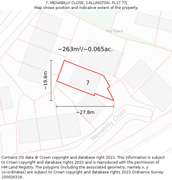 7, MENABILLY CLOSE, CALLINGTON, PL17 7TJ: Plot and title map