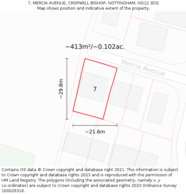 7, MERCIA AVENUE, CROPWELL BISHOP, NOTTINGHAM, NG12 3DQ: Plot and title map