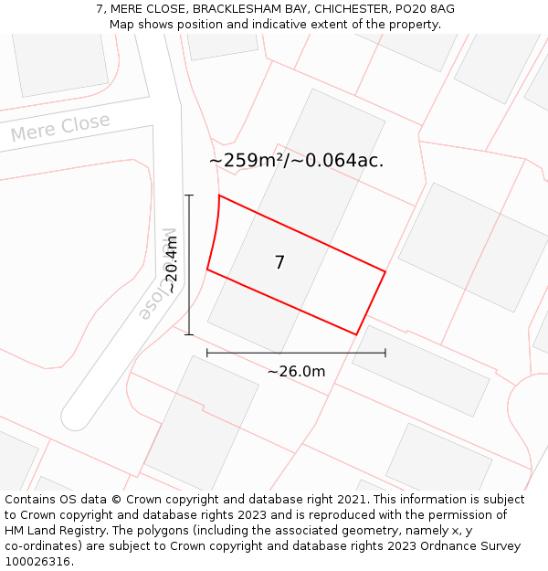 7, MERE CLOSE, BRACKLESHAM BAY, CHICHESTER, PO20 8AG: Plot and title map