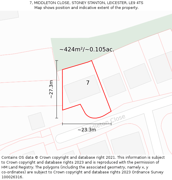 7, MIDDLETON CLOSE, STONEY STANTON, LEICESTER, LE9 4TS: Plot and title map