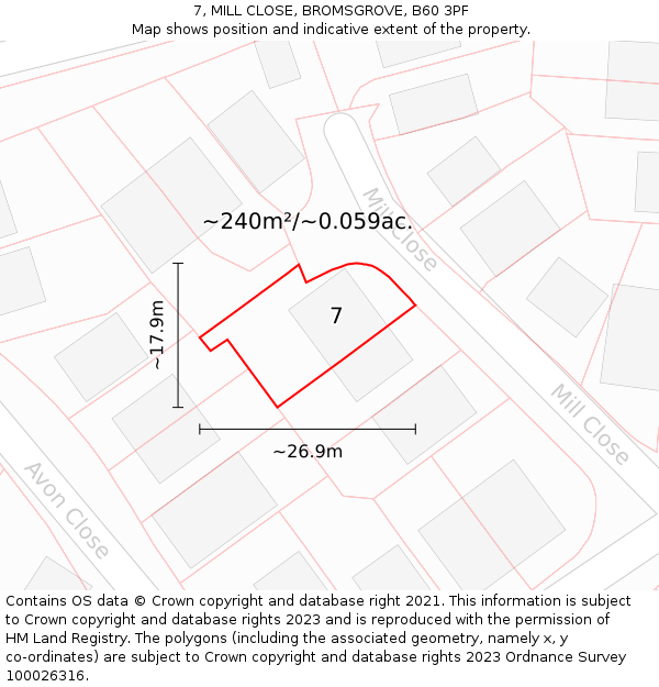 7, MILL CLOSE, BROMSGROVE, B60 3PF: Plot and title map