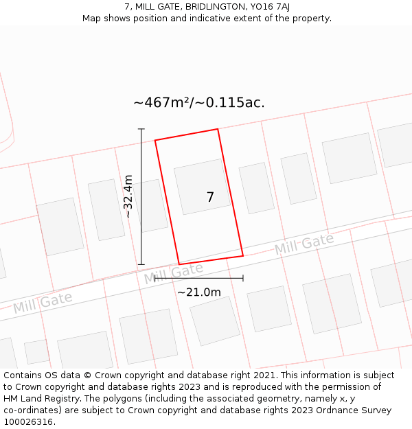 7, MILL GATE, BRIDLINGTON, YO16 7AJ: Plot and title map