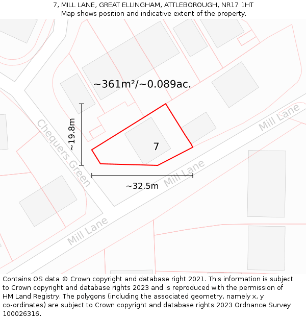 7, MILL LANE, GREAT ELLINGHAM, ATTLEBOROUGH, NR17 1HT: Plot and title map