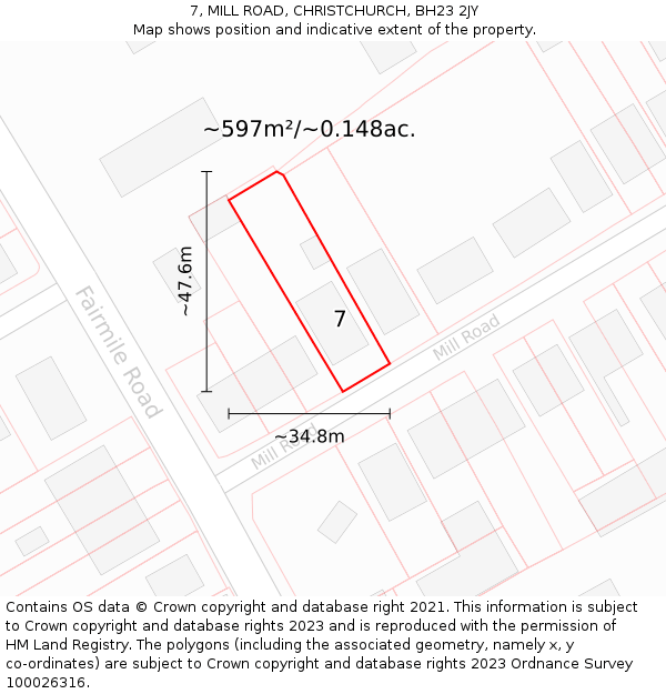 7, MILL ROAD, CHRISTCHURCH, BH23 2JY: Plot and title map