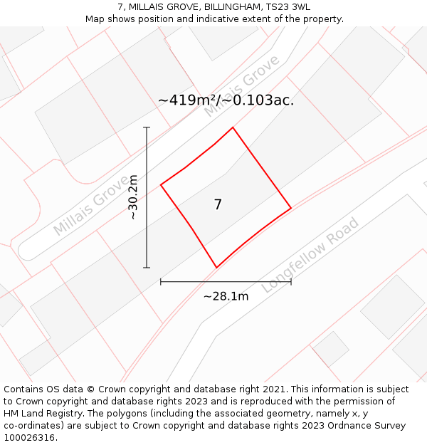 7, MILLAIS GROVE, BILLINGHAM, TS23 3WL: Plot and title map