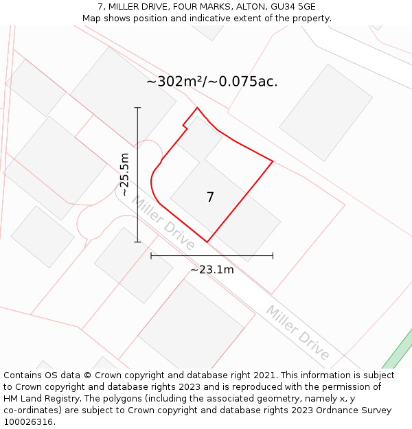 7, MILLER DRIVE, FOUR MARKS, ALTON, GU34 5GE: Plot and title map