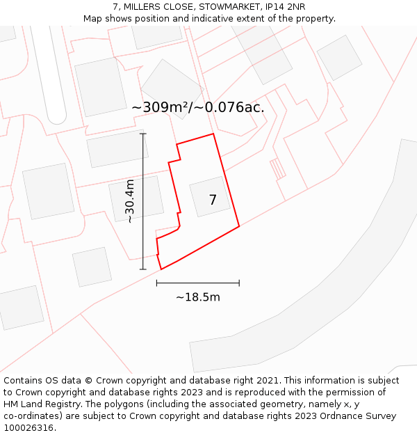 7, MILLERS CLOSE, STOWMARKET, IP14 2NR: Plot and title map