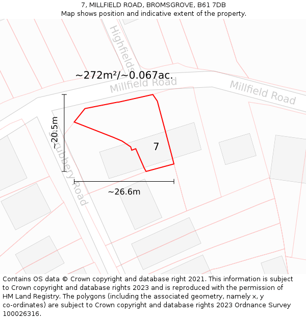 7, MILLFIELD ROAD, BROMSGROVE, B61 7DB: Plot and title map