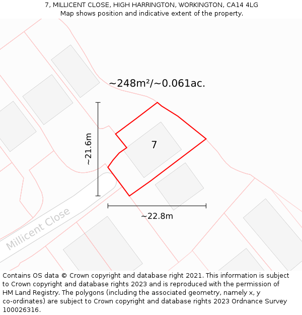 7, MILLICENT CLOSE, HIGH HARRINGTON, WORKINGTON, CA14 4LG: Plot and title map