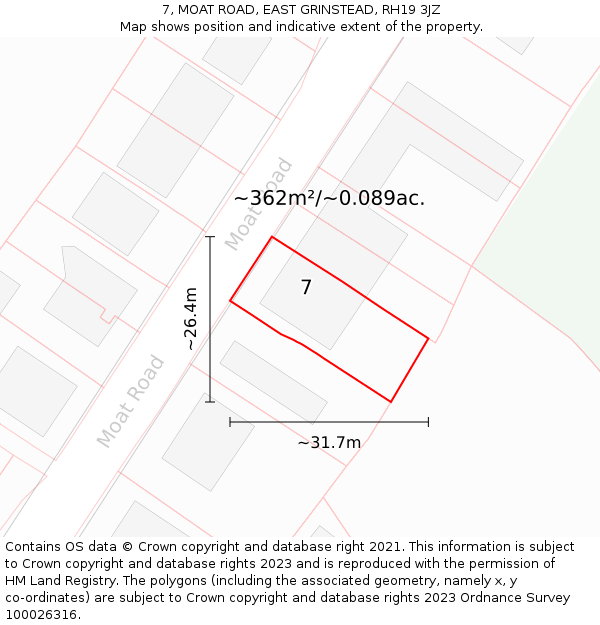 7, MOAT ROAD, EAST GRINSTEAD, RH19 3JZ: Plot and title map