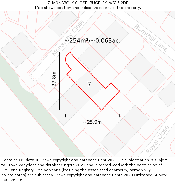 7, MONARCHY CLOSE, RUGELEY, WS15 2DE: Plot and title map