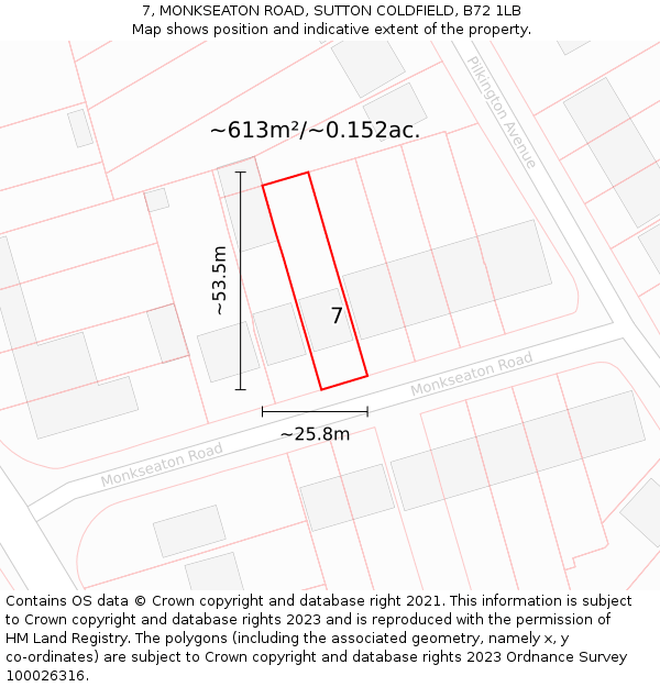 7, MONKSEATON ROAD, SUTTON COLDFIELD, B72 1LB: Plot and title map