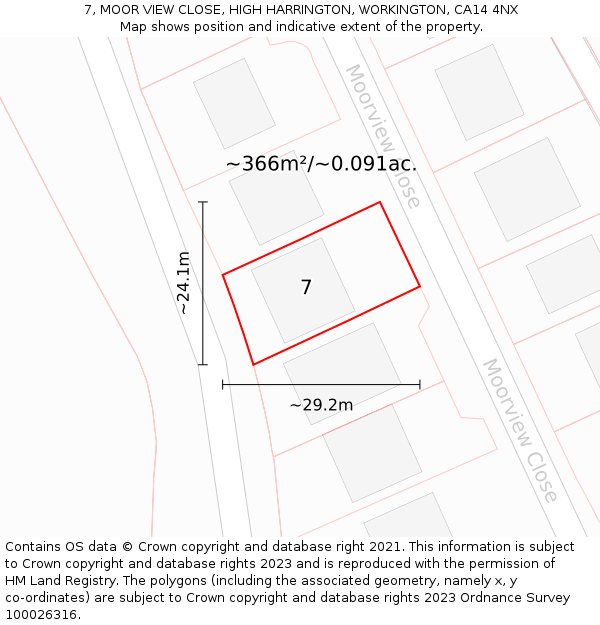 7, MOOR VIEW CLOSE, HIGH HARRINGTON, WORKINGTON, CA14 4NX: Plot and title map