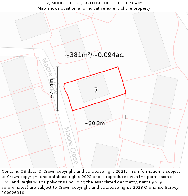 7, MOORE CLOSE, SUTTON COLDFIELD, B74 4XY: Plot and title map