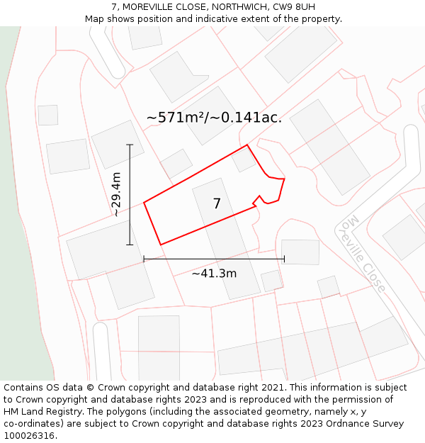 7, MOREVILLE CLOSE, NORTHWICH, CW9 8UH: Plot and title map