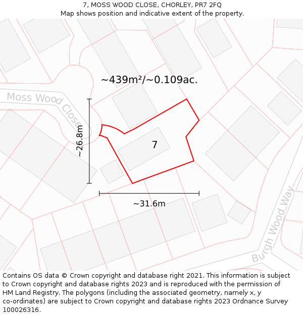 7, MOSS WOOD CLOSE, CHORLEY, PR7 2FQ: Plot and title map