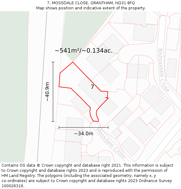 7, MOSSDALE CLOSE, GRANTHAM, NG31 8FQ: Plot and title map