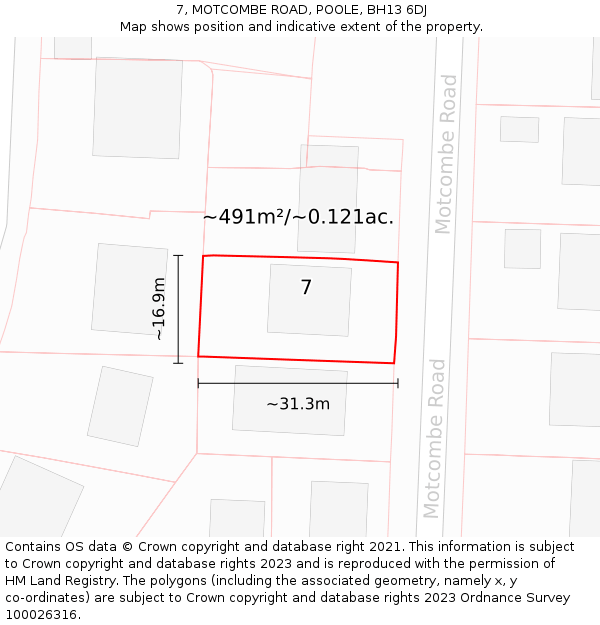 7, MOTCOMBE ROAD, POOLE, BH13 6DJ: Plot and title map