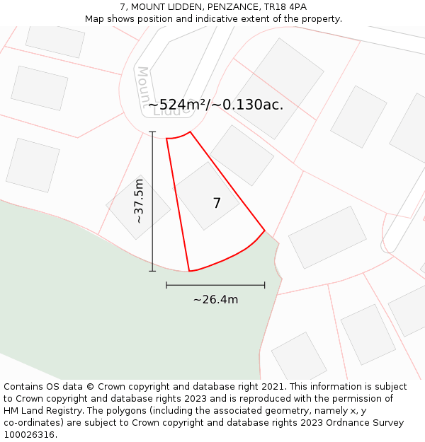 7, MOUNT LIDDEN, PENZANCE, TR18 4PA: Plot and title map