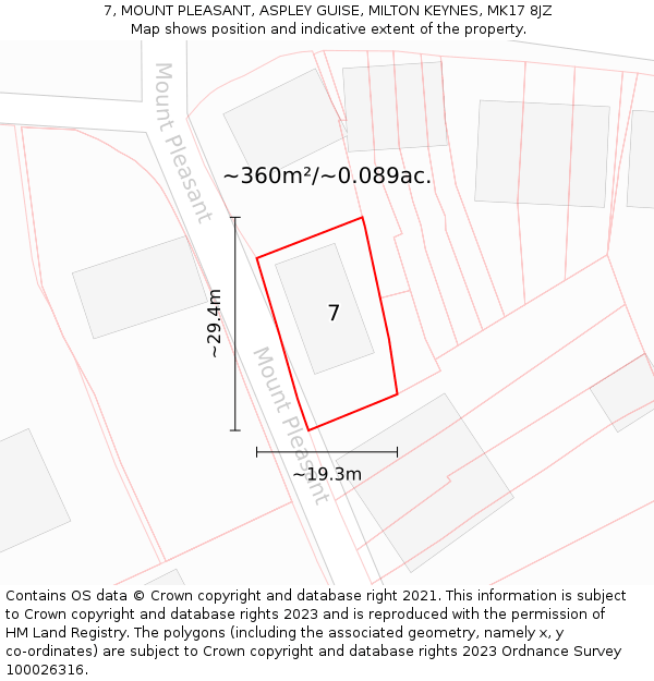 7, MOUNT PLEASANT, ASPLEY GUISE, MILTON KEYNES, MK17 8JZ: Plot and title map