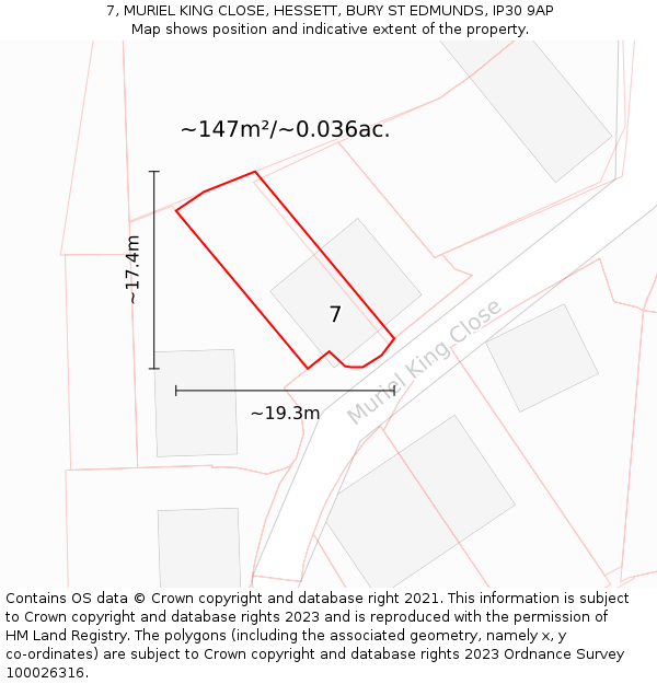 7, MURIEL KING CLOSE, HESSETT, BURY ST EDMUNDS, IP30 9AP: Plot and title map