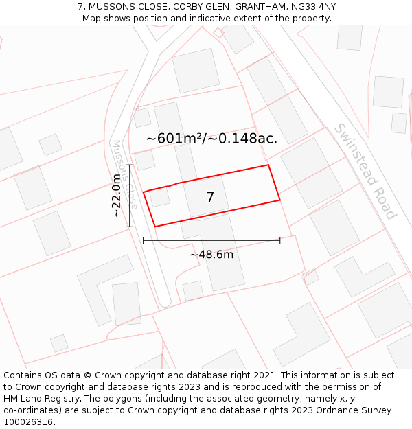 7, MUSSONS CLOSE, CORBY GLEN, GRANTHAM, NG33 4NY: Plot and title map