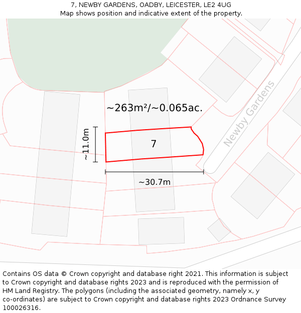 7, NEWBY GARDENS, OADBY, LEICESTER, LE2 4UG: Plot and title map