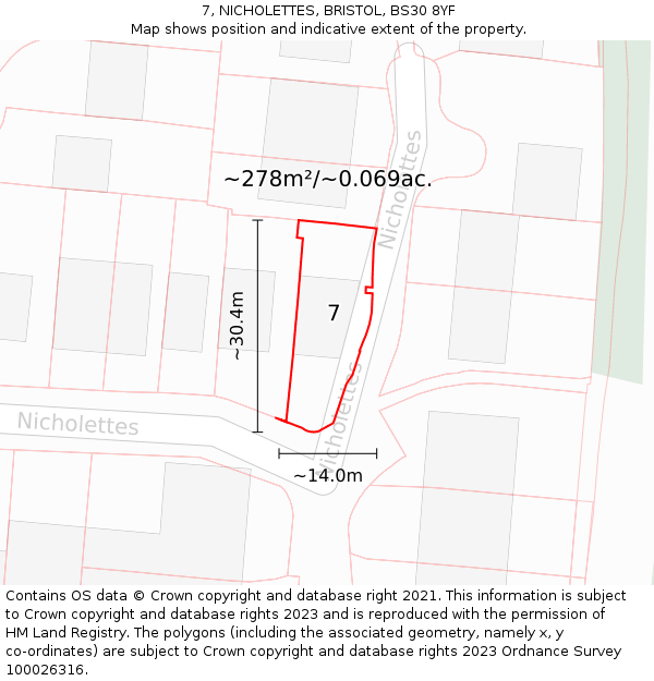 7, NICHOLETTES, BRISTOL, BS30 8YF: Plot and title map