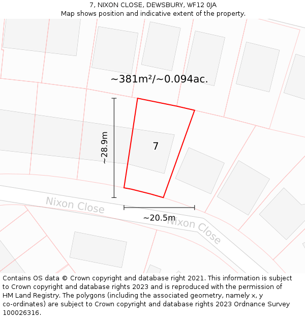 7, NIXON CLOSE, DEWSBURY, WF12 0JA: Plot and title map