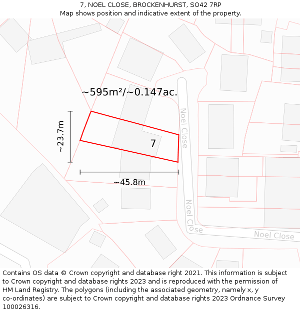 7, NOEL CLOSE, BROCKENHURST, SO42 7RP: Plot and title map