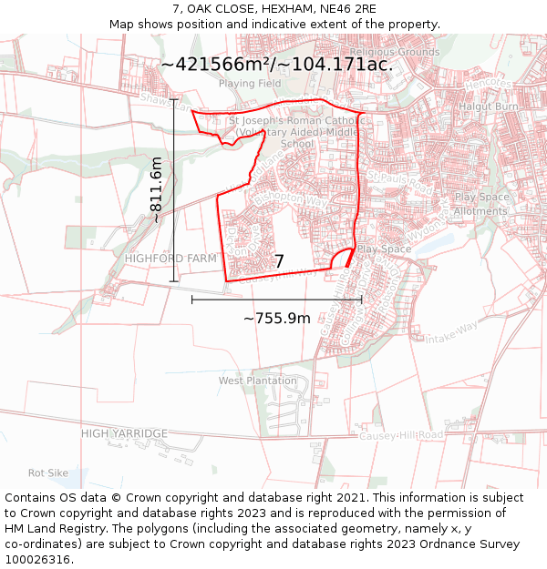 7, OAK CLOSE, HEXHAM, NE46 2RE: Plot and title map