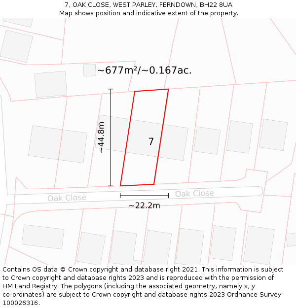 7, OAK CLOSE, WEST PARLEY, FERNDOWN, BH22 8UA: Plot and title map