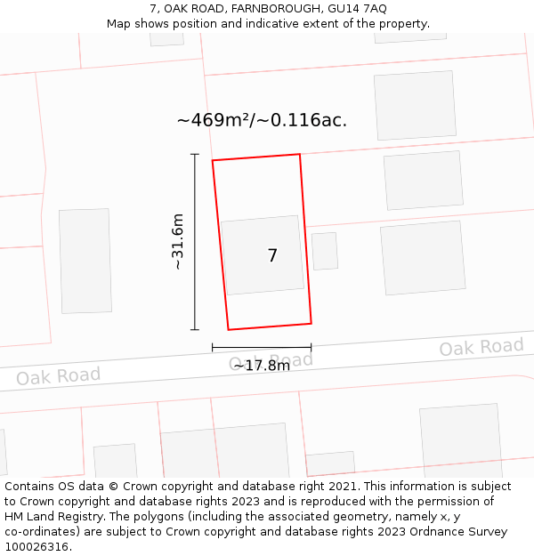 7, OAK ROAD, FARNBOROUGH, GU14 7AQ: Plot and title map