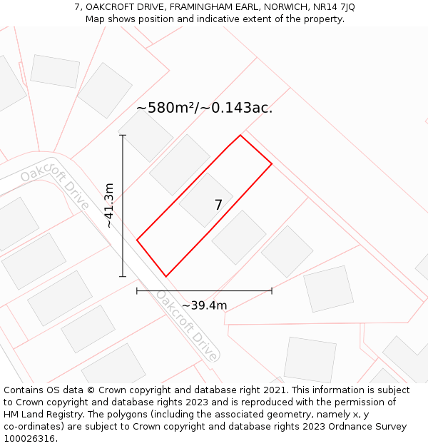 7, OAKCROFT DRIVE, FRAMINGHAM EARL, NORWICH, NR14 7JQ: Plot and title map