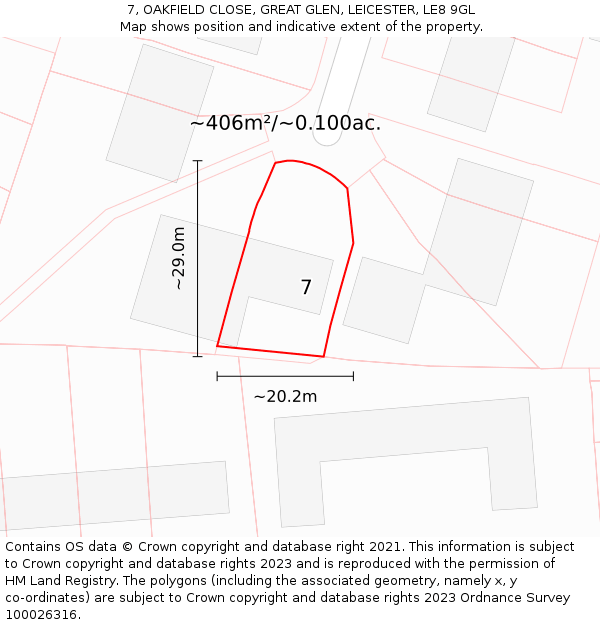 7, OAKFIELD CLOSE, GREAT GLEN, LEICESTER, LE8 9GL: Plot and title map