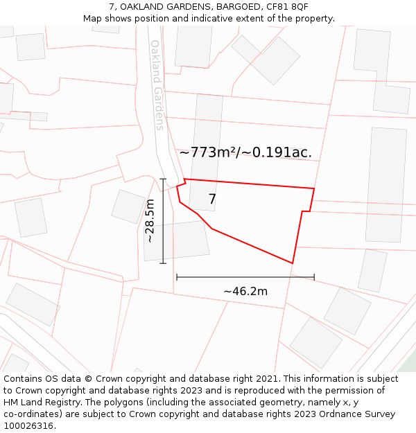 7, OAKLAND GARDENS, BARGOED, CF81 8QF: Plot and title map