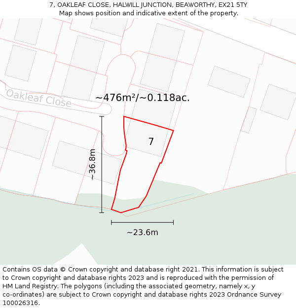 7, OAKLEAF CLOSE, HALWILL JUNCTION, BEAWORTHY, EX21 5TY: Plot and title map