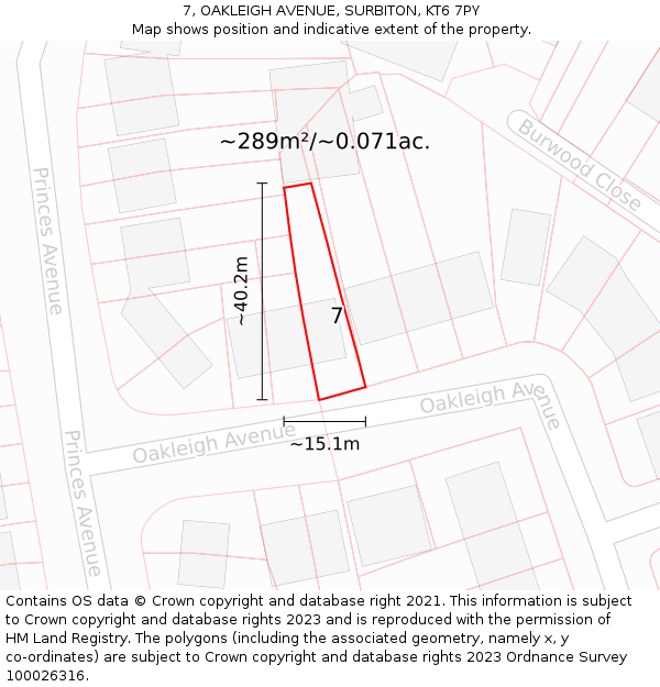 7, OAKLEIGH AVENUE, SURBITON, KT6 7PY: Plot and title map