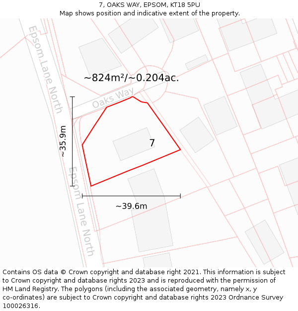 7, OAKS WAY, EPSOM, KT18 5PU: Plot and title map