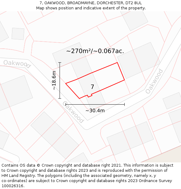 7, OAKWOOD, BROADMAYNE, DORCHESTER, DT2 8UL: Plot and title map