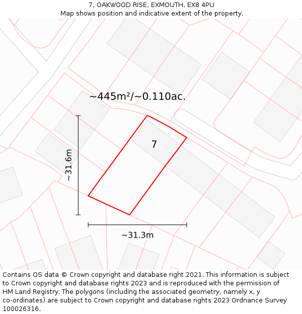 7, OAKWOOD RISE, EXMOUTH, EX8 4PU: Plot and title map